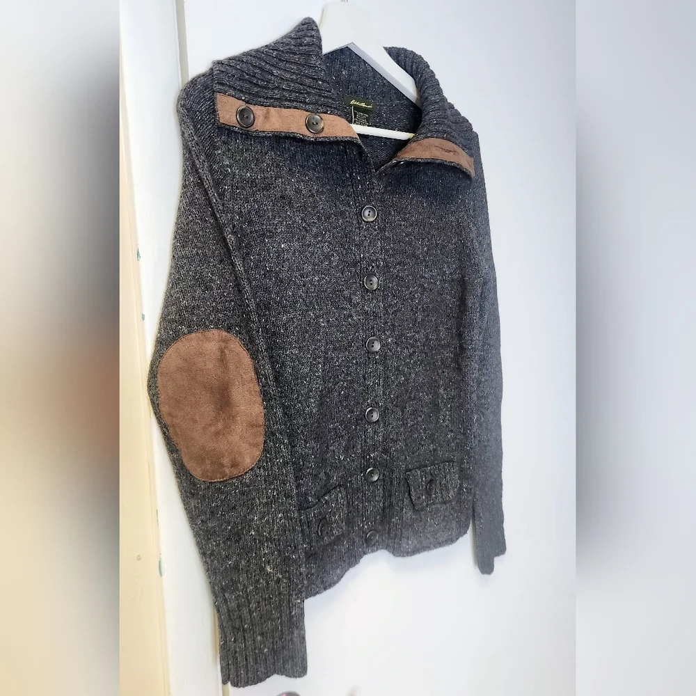 Title: Eddie Bauer Lambswool Cashmere Cardigan Suede Elbow Patch Dark Academia S - Picture 6 of 15